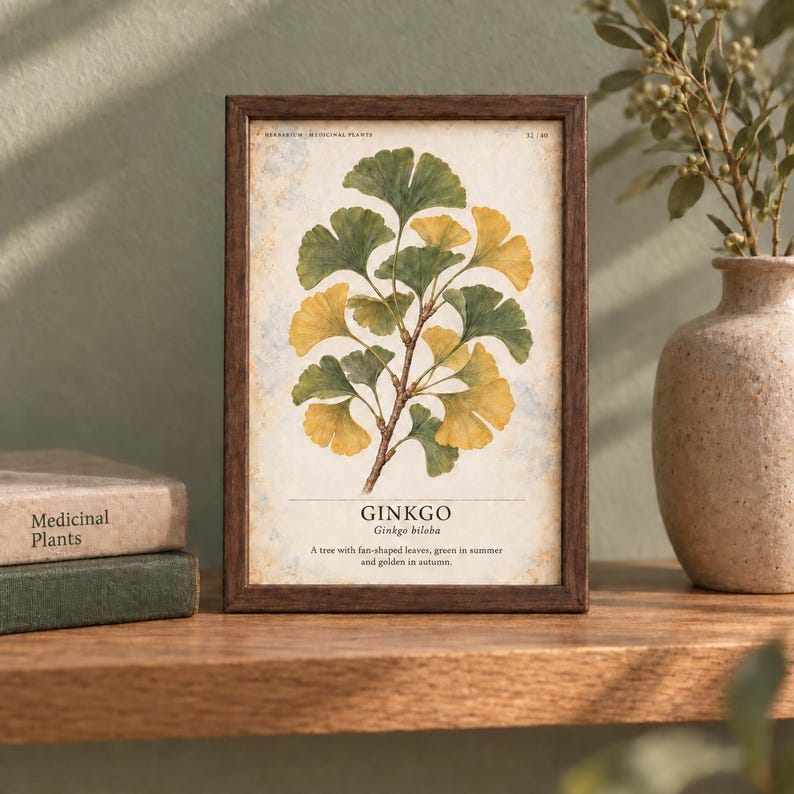 Pu&ograve; includere: Una cornice rettangolare in legno scuro contenente una stampa botanica di un ramo di Ginkgo biloba con foglie verdi e gialle a forma di ventaglio. La stampa riporta il testo GINKGO Ginkgo biloba e una descrizione su sfondo color crema.