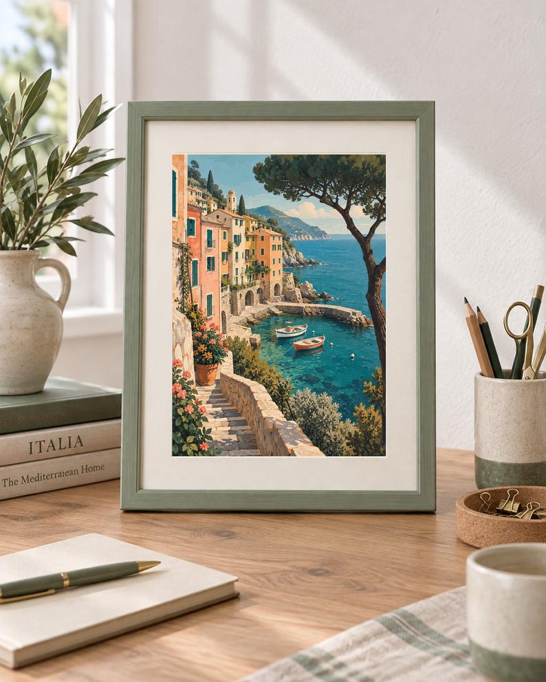 May include: A framed art print featuring a coastal scene with colourful buildings, stone stairs, and two small boats floating in clear blue water. The artwork is displayed in a sage green frame with a white mat, capturing a Mediterranean landscape.