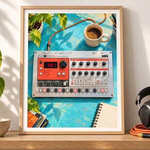 Puede incluir: Un sintetizador de ritmo Korg Electribe ER-1 en un marco de madera clara. El dispositivo plateado y naranja cuenta con una pantalla digital que muestra A01, m&uacute;ltiples perillas de control negras y una fila de botones de secuenciador. Es una l&aacute;mina enmarcada.