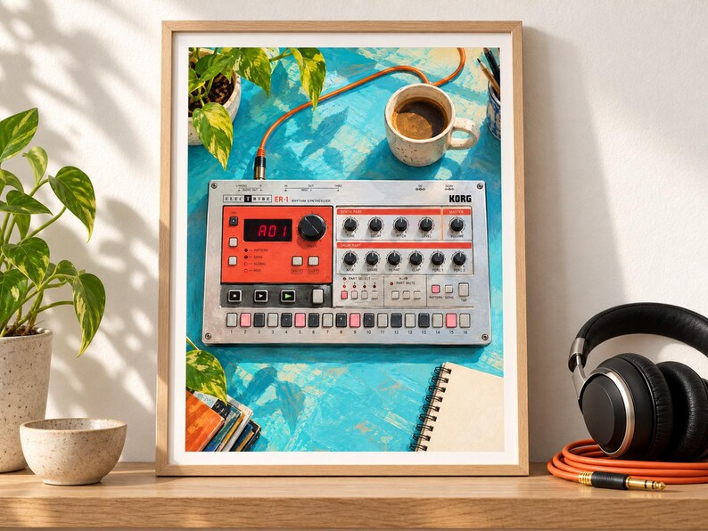 Puede incluir: Un sintetizador de ritmo Korg Electribe ER-1 en un marco de madera clara. El dispositivo plateado y naranja cuenta con una pantalla digital que muestra A01, m&uacute;ltiples perillas de control negras y una fila de botones de secuenciador. Es una l&aacute;mina enmarcada.