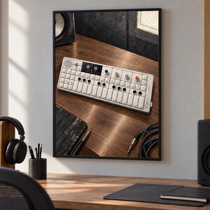 May include: A framed wall art print featuring a white portable synthesiser with a keyboard, multiple circular knobs, and a small digital display screen. The device is positioned on a dark wooden desk surface alongside a pen and a coiled audio cable.