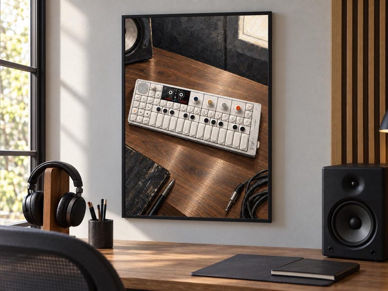 May include: A framed wall art print featuring a white portable synthesiser with a keyboard, multiple circular knobs, and a small digital display screen. The device is positioned on a dark wooden desk surface alongside a pen and a coiled audio cable.
