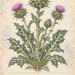 May include: A botanical illustration of a milk thistle plant with purple flowers and spiny, white-marbled green leaves. The text reads HERBARIUM MEDICINAL PLANTS 31/40, MILK THISTLE, Silybum marianum, and its spiny, white-marbled leaves frame purple flowers.
