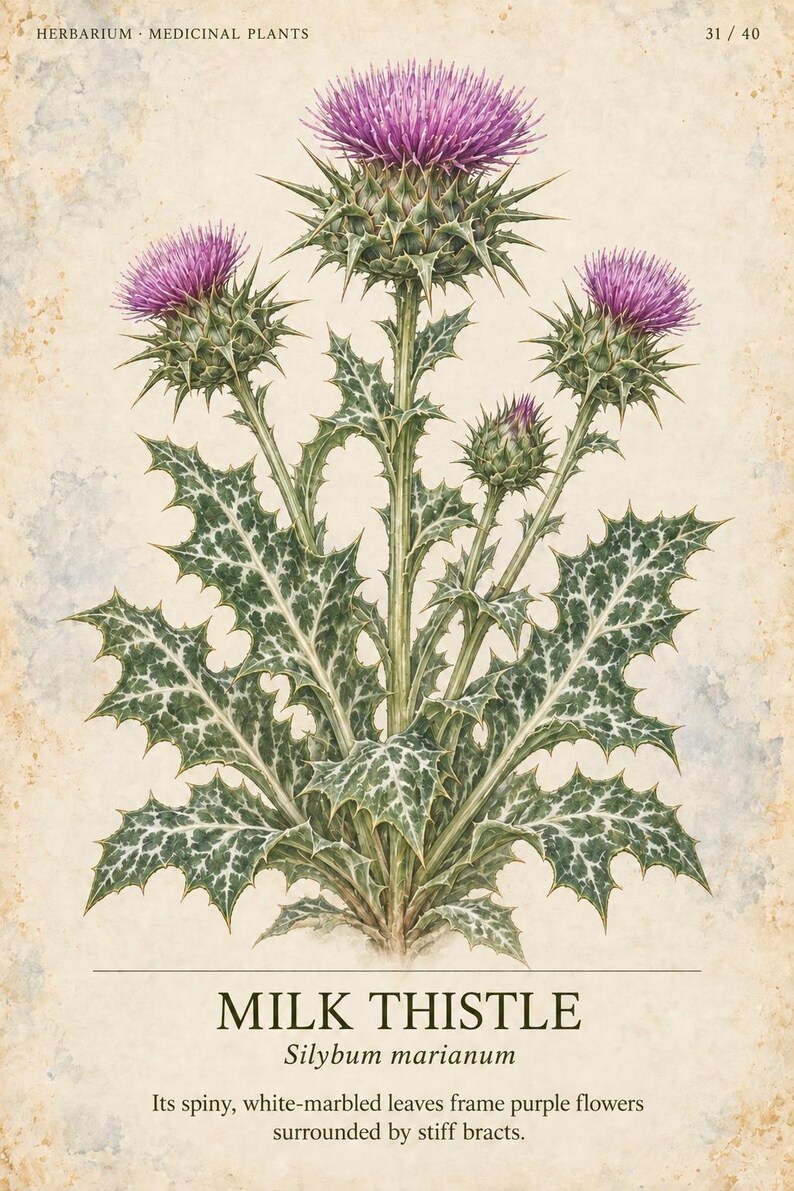 May include: A botanical illustration of a milk thistle plant with purple flowers and spiny, white-marbled green leaves. The text reads HERBARIUM MEDICINAL PLANTS 31/40, MILK THISTLE, Silybum marianum, and its spiny, white-marbled leaves frame purple flowers.