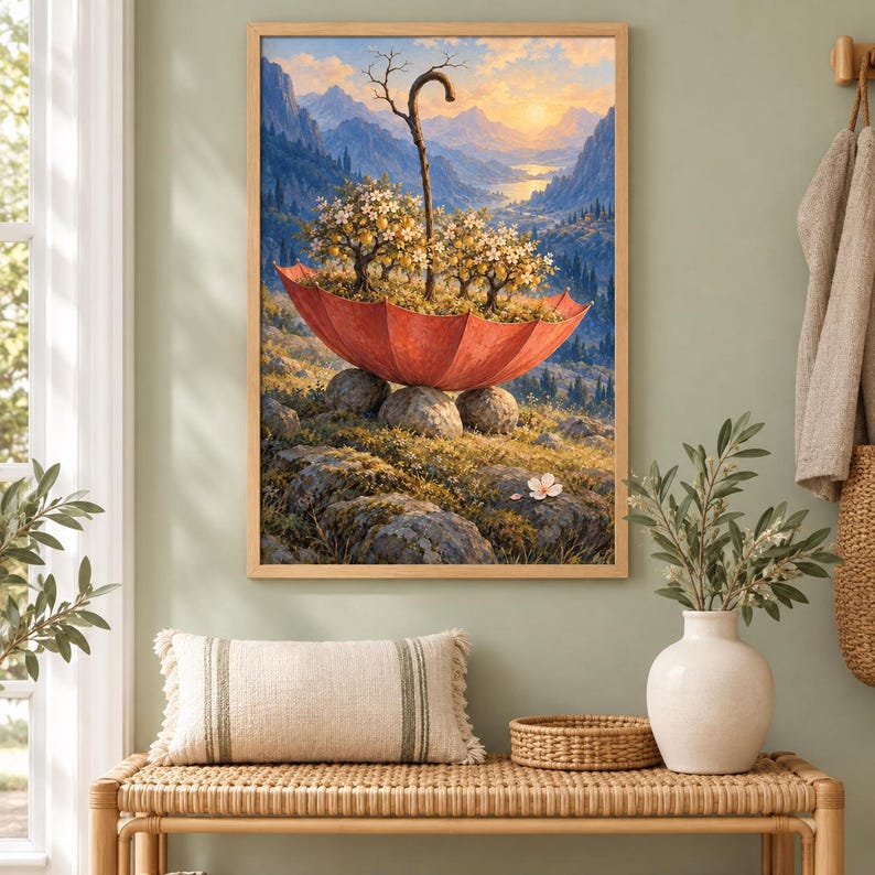 May include: A framed wall art print depicting a surreal landscape where a large red umbrella rests on rocky ground, containing small flowering trees and a wooden staff. The background features a mountain range under a golden sunrise sky.
