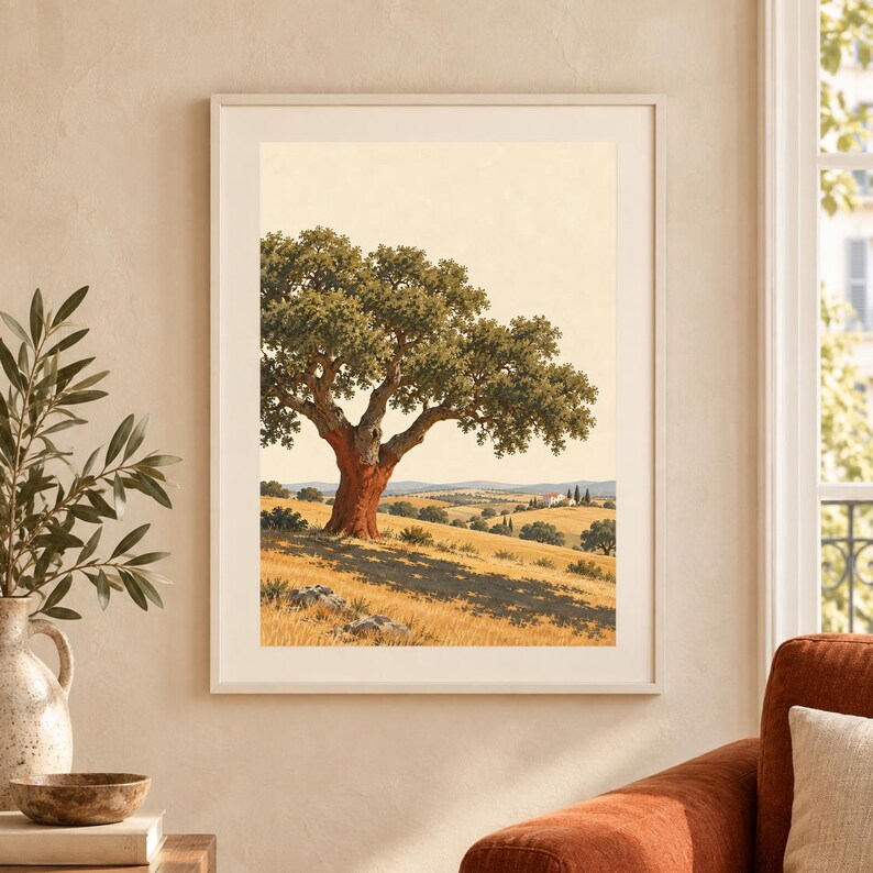 Op de afbeelding: Een ingelijste wandkunstprint met een landschap met een grote kurkeik met een opvallende roodbruine stam. De sc&egrave;ne bevat glooiende gouden heuvels, verspreide struiken en een gebouw in de verte onder een bleke, zachtgekleurde lucht.