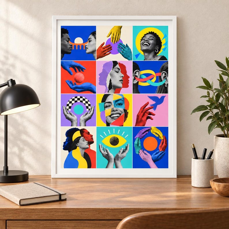 May include: A framed wall art print featuring a grid of twelve colorful collage panels. The artwork displays diverse human faces, hands in various positions, a bird silhouette, and a central eye motif, all rendered in vibrant, saturated hues.