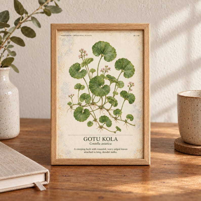 Może przedstawiać: Oprawiona rycina botaniczna przedstawiająca szczeg&oacute;łową ilustrację rośliny Gotu Kola z zielonymi, zaokrąglonymi, falistymi liśćmi i małymi bladymi kwiatami. Tekst głosi HERBARIUM MEDICINAL PLANTS, GOTU KOLA, Centella asiatica.