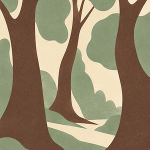 May include: A graphic art print featuring stylized brown tree trunks and soft sage green foliage against a cream-colored background. The composition depicts a forest scene with layered shapes creating depth, smooth curves, and a flat, matte texture.