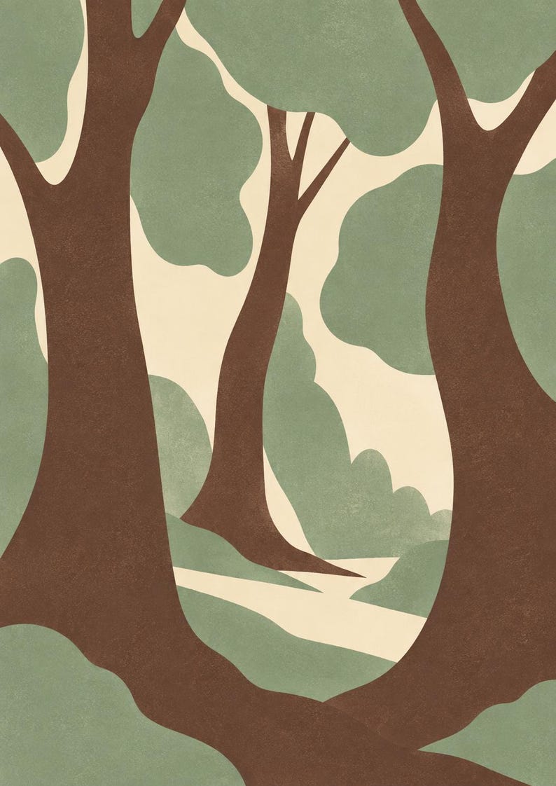 May include: A graphic art print featuring stylized brown tree trunks and soft sage green foliage against a cream-colored background. The composition depicts a forest scene with layered shapes creating depth, smooth curves, and a flat, matte texture.