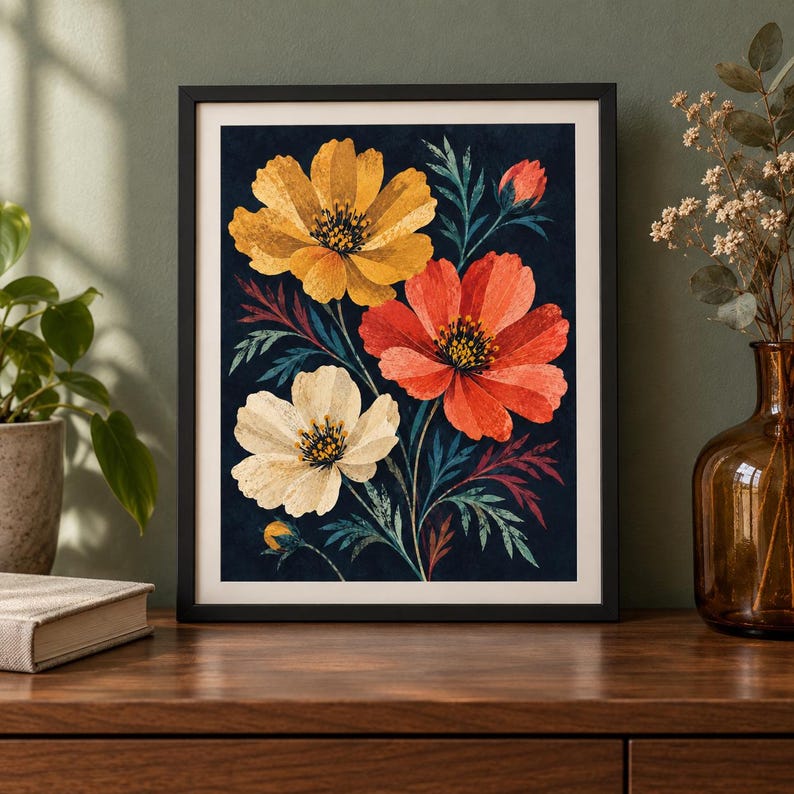 May include: A framed wall art print featuring a botanical illustration of three large cosmos flowers in yellow, orange, and cream against a dark navy blue background, accented with dark green and reddish foliage and a small flower bud.