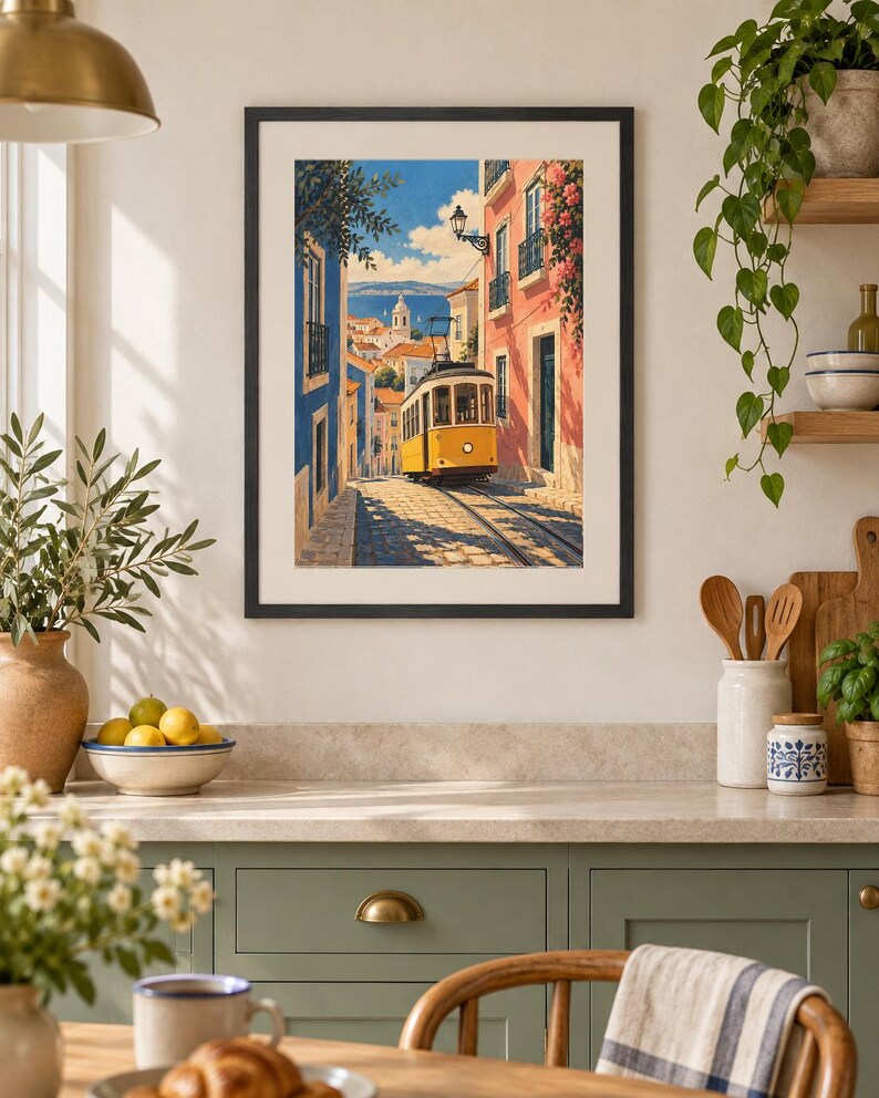 K&ouml;nnte beinhalten: Ein gerahmter Kunstdruck mit einer gelben Stra&szlig;enbahn, die eine gepflasterte Stra&szlig;e zwischen blauen und rosafarbenen Geb&auml;uden entlangf&auml;hrt. Die Szene zeigt eine entfernte Stadt und das Meer unter blauem Himmel in einem lebendigen Malstil.