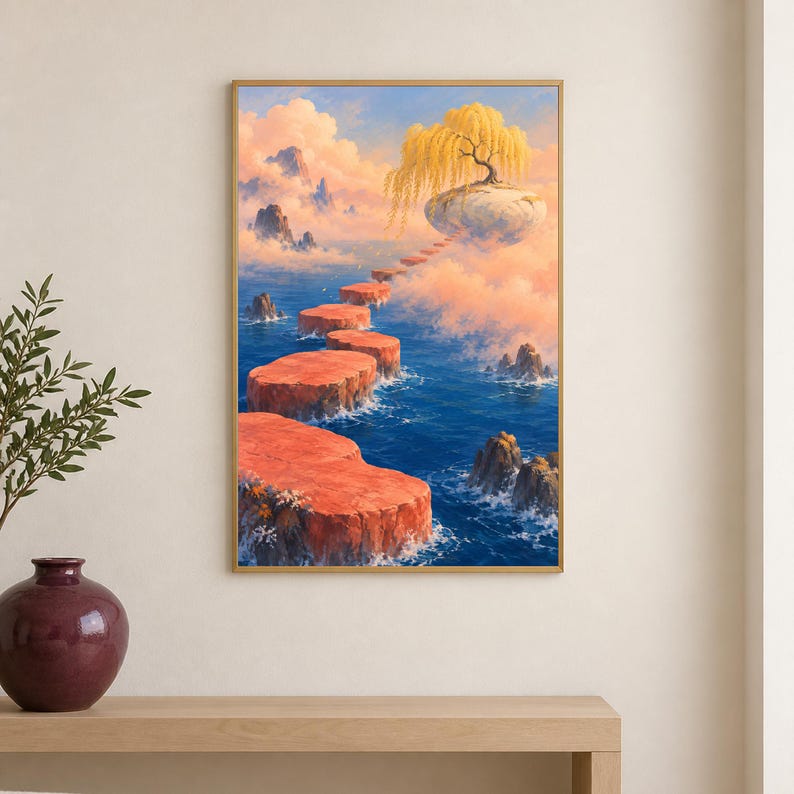 May include: A rectangular wall art print featuring a surreal landscape with a series of orange stone platforms leading across deep blue water toward a floating white rock topped with a yellow willow tree under a soft pink and blue sky.