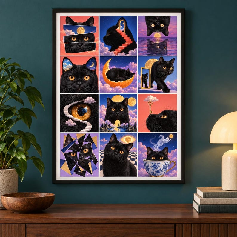 May include: A rectangular wall art print featuring a grid of twelve surreal illustrations of black cats. The artwork displays various scenes including cats with moons, stars, clouds, staircases, mirrors, keys, and teacups in vibrant, colorful settings.