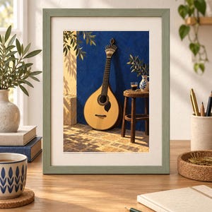 Pode incluir: Uma impress&atilde;o emoldurada apresentando uma guitarra portuguesa de cor clara encostada a uma parede azul vibrante. Ao lado do instrumento, h&aacute; um pequeno banco de madeira com um copo de caf&eacute; expresso e um jarro de cer&acirc;mica sob o sol.