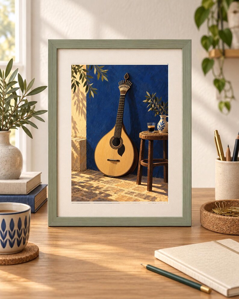 Pode incluir: Uma impress&atilde;o emoldurada apresentando uma guitarra portuguesa de cor clara encostada a uma parede azul vibrante. Ao lado do instrumento, h&aacute; um pequeno banco de madeira com um copo de caf&eacute; expresso e um jarro de cer&acirc;mica sob o sol.