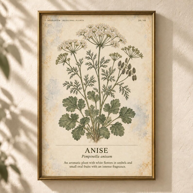 K&ouml;nnte beinhalten: Ein gerahmter botanischer Druck mit einer detaillierten Illustration einer Anispflanze mit gr&uuml;nen Bl&auml;ttern und wei&szlig;en Doldenbl&uuml;ten. Der Text lautet HERBARIUM MEDICINAL PLANTS 20/40, ANISE, Pimpinella anisum und eine Beschreibung des Duftes.