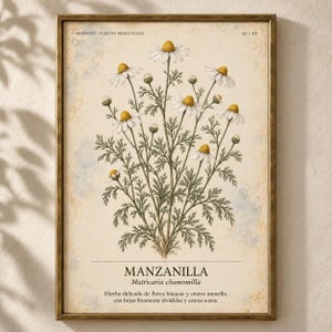May include: A framed botanical print featuring a chamomile plant with white petals and yellow centers, green stems, and feathery leaves. The text reads HERBARIO PLANTAS MEDICINALES 02/40, MANZANILLA, Matricaria chamomilla, and a descriptive Spanish sentence.
