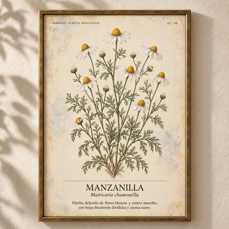 May include: A framed botanical print featuring a chamomile plant with white petals and yellow centers, green stems, and feathery leaves. The text reads HERBARIO PLANTAS MEDICINALES 02/40, MANZANILLA, Matricaria chamomilla, and a descriptive Spanish sentence.