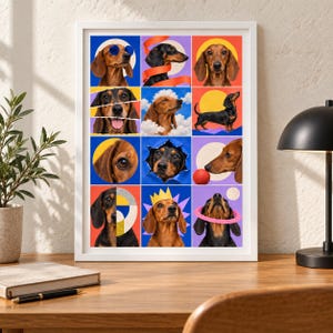 Puede incluir: Una impresi&oacute;n de arte mural enmarcada que presenta una cuadr&iacute;cula de doce paneles coloridos, cada uno mostrando un perro salchicha en varias poses, expresiones y entornos, incluyendo con gafas de sol, una corona, una pelota roja y un anillo rosa.