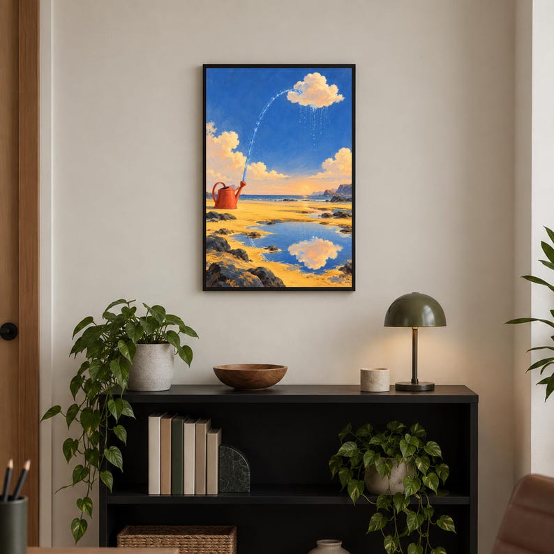 K&ouml;nnte beinhalten: Ein gerahmter Wandkunstdruck, der eine surreale Strandszene zeigt, bei der eine rote Gie&szlig;kanne Wasser nach oben in eine einzelne flauschige Wolke vor einem blauen Himmel gie&szlig;t. Die Landschaft umfasst einen Sandstrand, Felsen und eine Spiegelung.