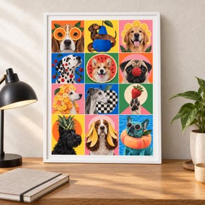 May include: A framed wall art print featuring a grid of twelve colorful squares, each displaying a different dog breed paired with various fruits. The dogs are depicted with creative fruit-themed accessories, including orange slice glasses, a pineapple hat, and banana ears, set against vibrant, solid-colored backgrounds.