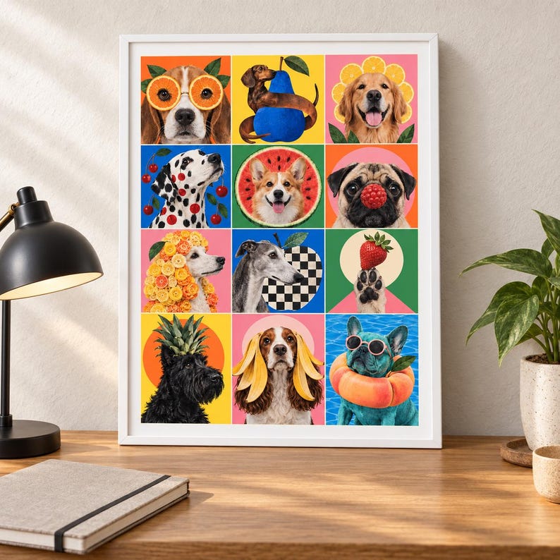 May include: A framed wall art print featuring a grid of twelve colorful squares, each displaying a different dog breed paired with various fruits. The dogs are depicted with creative fruit-themed accessories, including orange slice glasses, a pineapple hat, and banana ears, set against vibrant, solid-colored backgrounds.