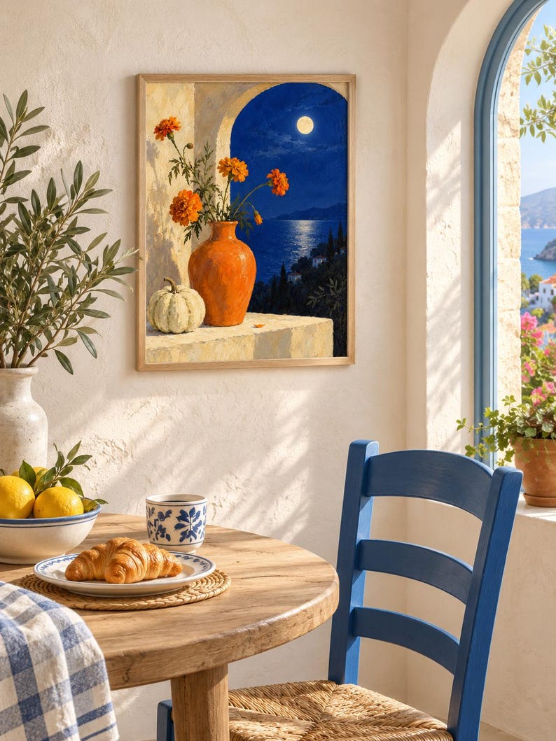 Puede incluir: Una impresi&oacute;n de arte mural rectangular enmarcada que representa una escena mediterr&aacute;nea con un jarr&oacute;n naranja que contiene cal&eacute;ndulas naranjas y una calabaza blanca sobre una repisa de piedra, frente a un cielo nocturno azul oscuro con luna llena.