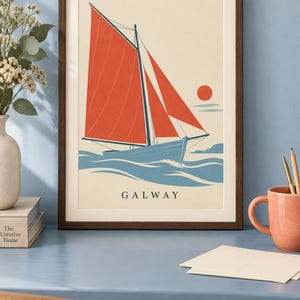 Utskrivbar konst i Galway County, kustdesign med röd segelbåt, digital nedladdning för irländskt bruk bild 2