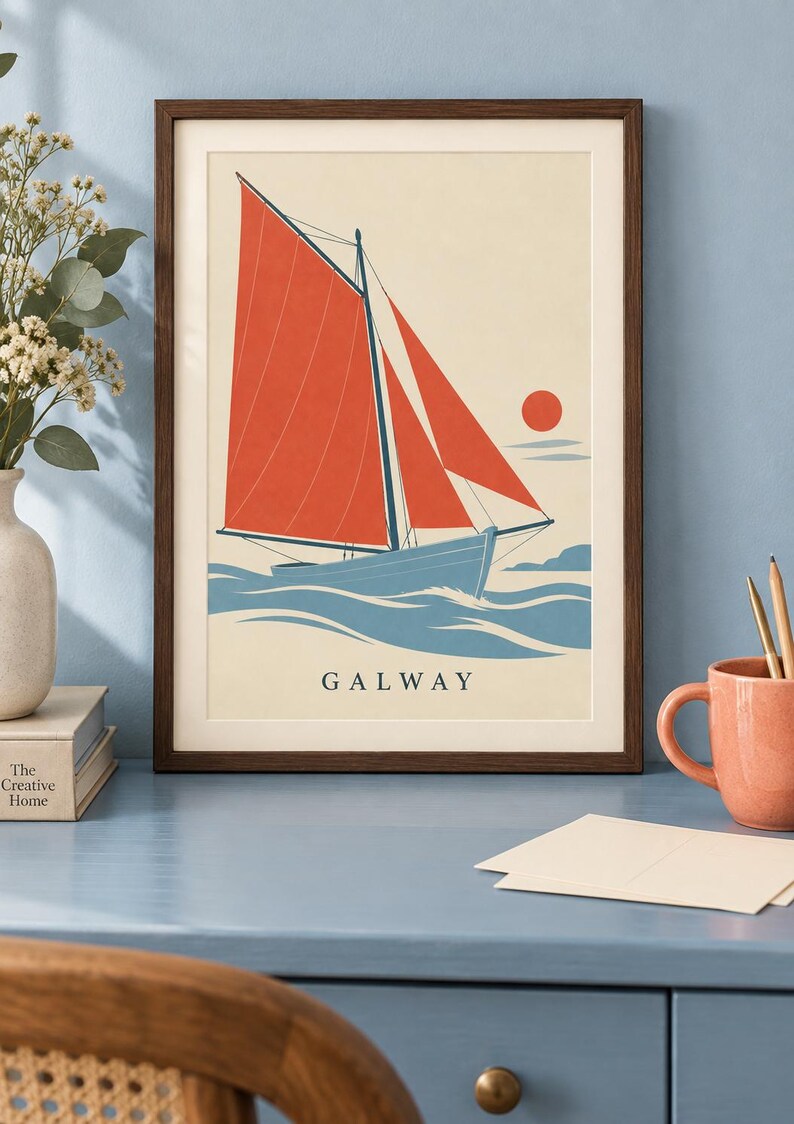 Utskrivbar konst i Galway County, kustdesign med röd segelbåt, digital nedladdning för irländskt bruk bild 2