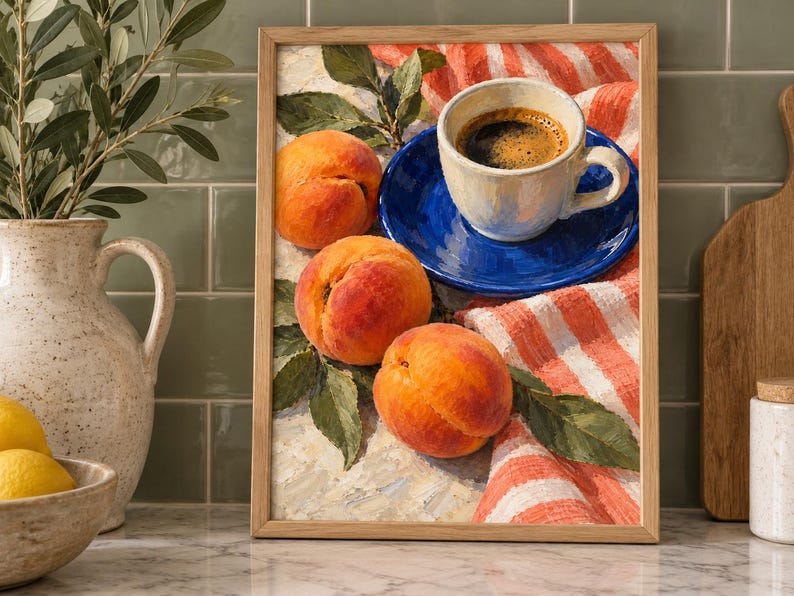 May include: A framed painting depicting three ripe orange peaches with green leaves resting on a white surface next to a white coffee cup on a vibrant blue saucer, all placed upon a folded white and orange striped cloth with a textured finish.
