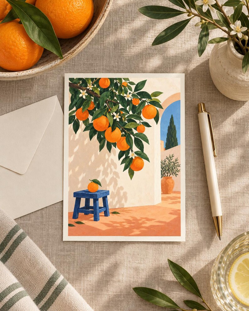 May include: A rectangular art print featuring an illustration of an orange tree with bright fruit and white blossoms hanging over a blue wooden stool. The scene depicts a sunlit courtyard with a terracotta floor, a white wall, and a blue archway.
