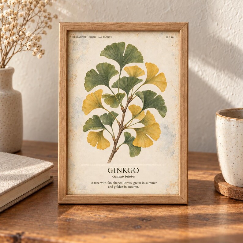 Pu&ograve; includere: Una stampa botanica incorniciata raffigurante un ramo di ginkgo con foglie verdi e gialle a forma di ventaglio. Il testo recita: HERBARIUM MEDICINAL PLANTS 32/40, GINKGO Ginkgo biloba, A tree with fan-shaped leaves, green in summer and golden in autumn.