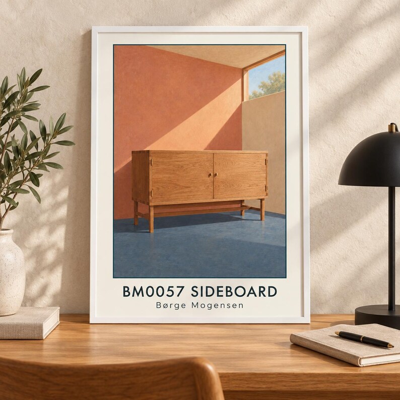 K&ouml;nnte beinhalten: Ein gerahmter Kunstdruck mit einem h&ouml;lzernen Sideboard in einem Raum mit terrakottafarbenen W&auml;nden und blauem Boden. Der Text BM0057 SIDEBOARD B&oslash;rge Mogensen ist unten auf dem wei&szlig;en Rand gedruckt. Der Druck befindet sich in einem wei&szlig;en Rahmen.