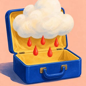 K&ouml;nnte beinhalten: Ein offener blauer Koffer mit gelbem Innenfutter. Eine flauschige wei&szlig;e Wolke befindet sich im ge&ouml;ffneten Deckel, aus der f&uuml;nf leuchtend rote, tropfenf&ouml;rmige Regentropfen in den leeren Boden des Koffers fallen.