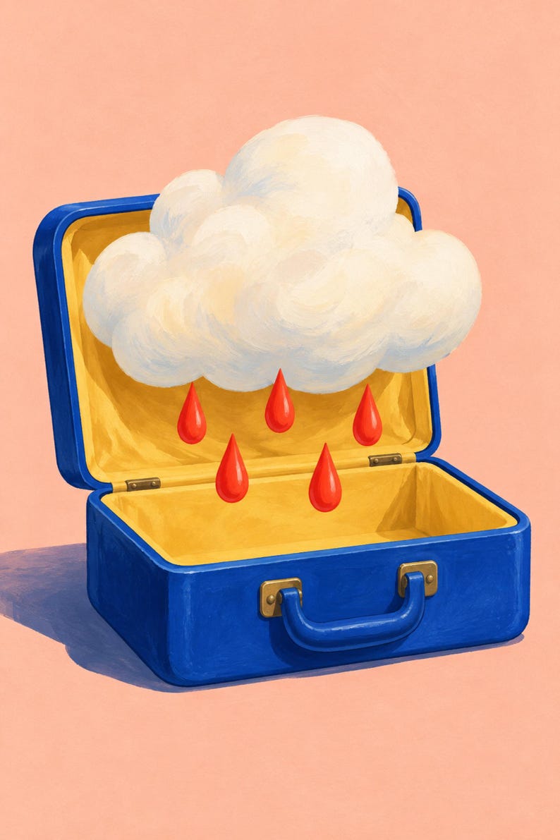 K&ouml;nnte beinhalten: Ein offener blauer Koffer mit gelbem Innenfutter. Eine flauschige wei&szlig;e Wolke befindet sich im ge&ouml;ffneten Deckel, aus der f&uuml;nf leuchtend rote, tropfenf&ouml;rmige Regentropfen in den leeren Boden des Koffers fallen.