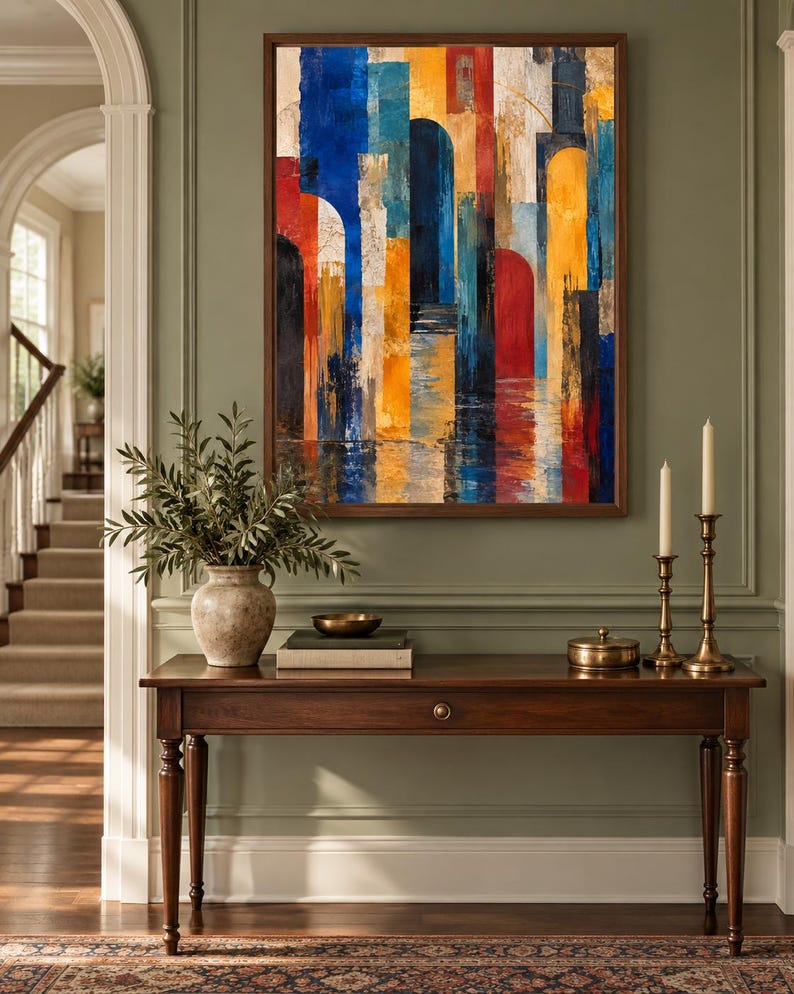 May include: A rectangular wall art piece in a dark wood frame featuring an abstract composition of vertical stripes and arched shapes in vibrant shades of blue, yellow, red, and black with textured brushstrokes and a reflective effect at the base.