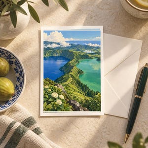 Puede incluir: Una postal rectangular que presenta una vibrante ilustraci&oacute;n paisaj&iacute;stica de un lago de dos colores separado por una cresta verde y exuberante. La escena muestra aguas de color azul profundo y turquesa bajo un cielo brillante con nubes.