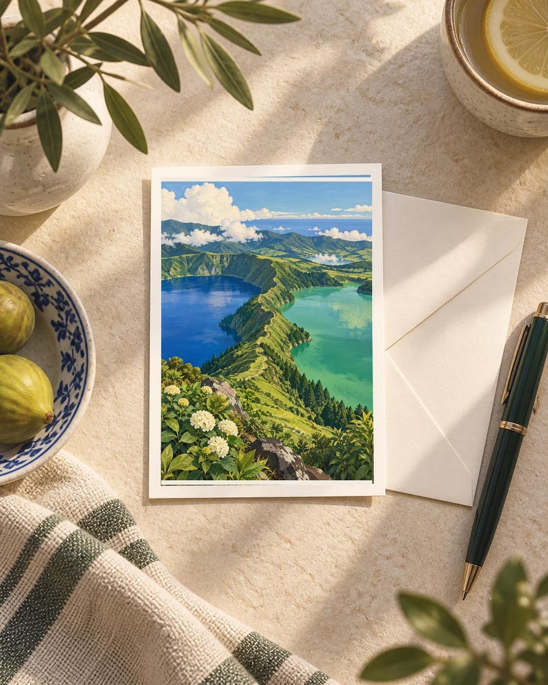 Puede incluir: Una postal rectangular que presenta una vibrante ilustraci&oacute;n paisaj&iacute;stica de un lago de dos colores separado por una cresta verde y exuberante. La escena muestra aguas de color azul profundo y turquesa bajo un cielo brillante con nubes.