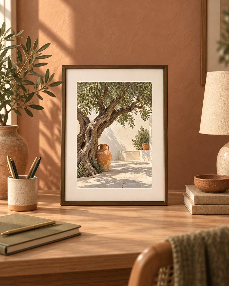 May include: A rectangular framed wall art print featuring a photograph of a gnarled olive tree with green leaves, a terracotta amphora, and a stone patio under bright sunlight, displayed in a dark brown frame with a wide white mat border.