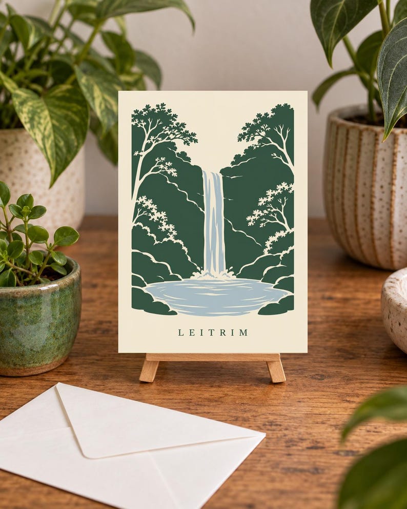 K&ouml;nnte beinhalten: Ein rechteckiger Kunstdruck auf einer kleinen Holzstaffelei mit einer stilisierten Illustration eines Wasserfalls, der in ein Becken st&uuml;rzt, umgeben von dunkelgr&uuml;nen B&auml;umen auf cremefarbenem Grund, mit dem Text LEITRIM unten in der Mitte.