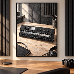 K&ouml;nnte beinhalten: Ein schwarzer tragbarer Synthesizer mit einem zentralen monochromen Display, mehreren runden Drehreglern und einem Raster aus quadratischen Tasten. Das Ger&auml;t ist in einem rechteckigen Rahmen abgebildet und zeigt sein Interface.