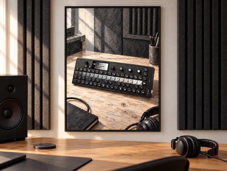 K&ouml;nnte beinhalten: Ein schwarzer tragbarer Synthesizer mit einem zentralen monochromen Display, mehreren runden Drehreglern und einem Raster aus quadratischen Tasten. Das Ger&auml;t ist in einem rechteckigen Rahmen abgebildet und zeigt sein Interface.