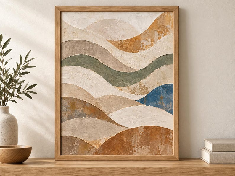 Pu&ograve; includere: Un'opera d'arte da parete incorniciata che presenta un paesaggio astratto con bande ondulate stratificate di colori crema, beige, verde tenue, blu profondo e marrone terra. La superficie strutturata mostra pennellate visibili in una cornice in legno chiaro.