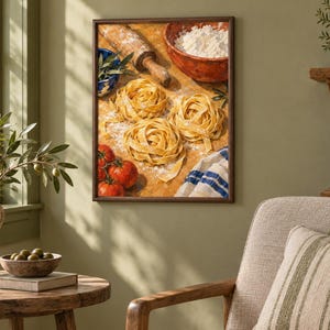 May include: A framed wall art print depicting a culinary scene with three nests of fresh yellow pasta, a wooden rolling pin, a bowl of white flour, red tomatoes, and a blue and white striped cloth on a wooden surface with a dark brown frame.