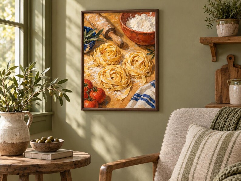May include: A framed wall art print depicting a culinary scene with three nests of fresh yellow pasta, a wooden rolling pin, a bowl of white flour, red tomatoes, and a blue and white striped cloth on a wooden surface with a dark brown frame.