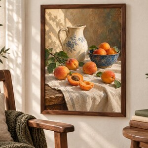 May include: A framed still life wall art print featuring a rustic ceramic pitcher with blue floral patterns, a blue bowl filled with orange apricots, and several loose apricots on a textured white cloth draped over a wooden table surface.
