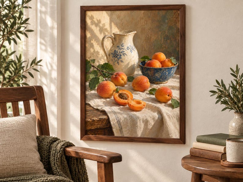 May include: A framed still life wall art print featuring a rustic ceramic pitcher with blue floral patterns, a blue bowl filled with orange apricots, and several loose apricots on a textured white cloth draped over a wooden table surface.