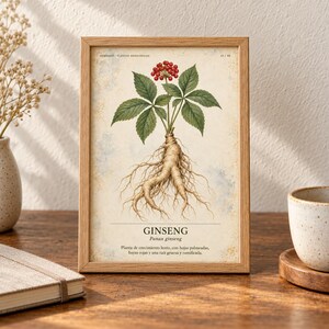 Może przedstawiać: Oprawiona rycina botaniczna przedstawiająca szczeg&oacute;łową ilustrację rośliny żeń-szenia z zielonymi liśćmi, czerwonymi jagodami i grubym systemem korzeniowym. Tekst zawiera napis GINSENG Panax ginseng oraz opis rośliny w języku hiszpańskim.