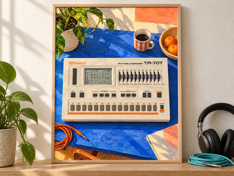 May include: A framed print featuring a Roland TR-707 Rhythm Composer drum machine. The device is off-white with black buttons, sliders, and a digital display. It sits on a bright blue surface alongside a coffee mug, oranges, and an orange cable.